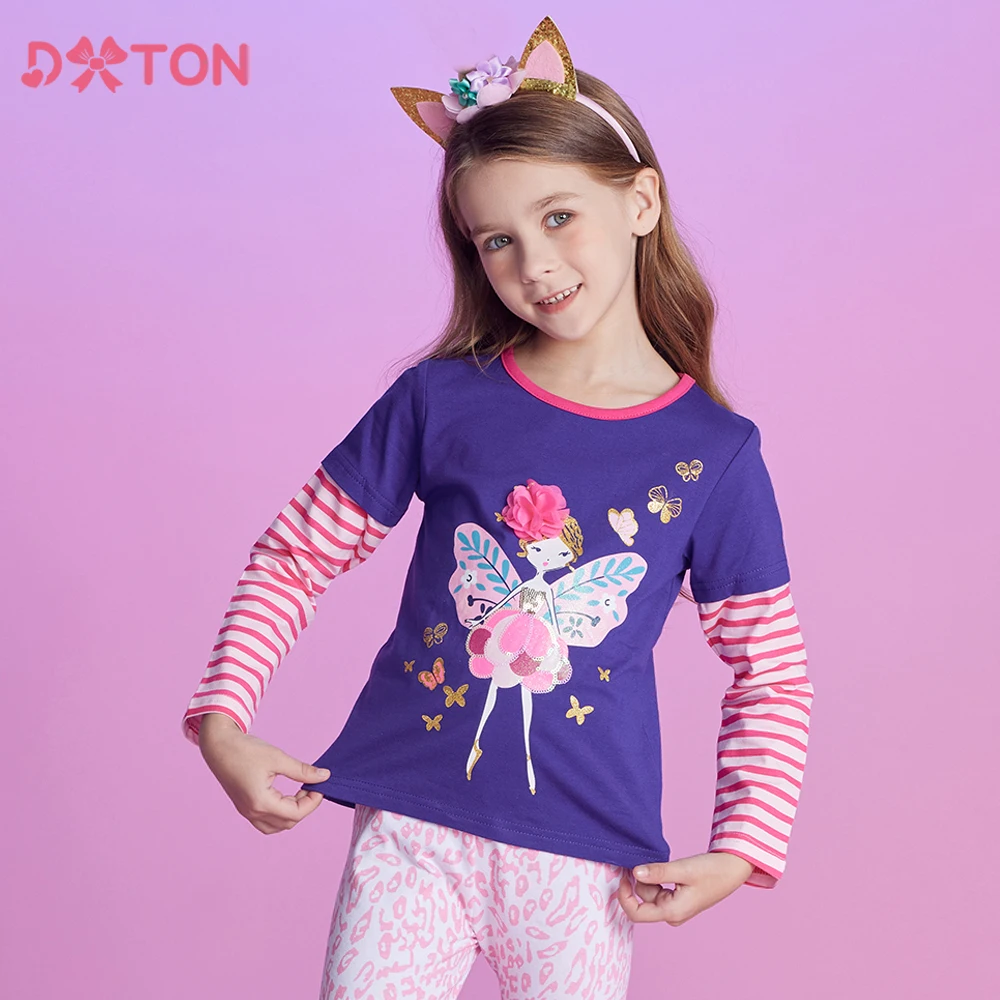 

DXTON Girls T-Shirts Autumn Long Sleeve Girls Tops Wear Cotton Toddler Daily t-shirt Butterflies Striped Children Kids Clothing