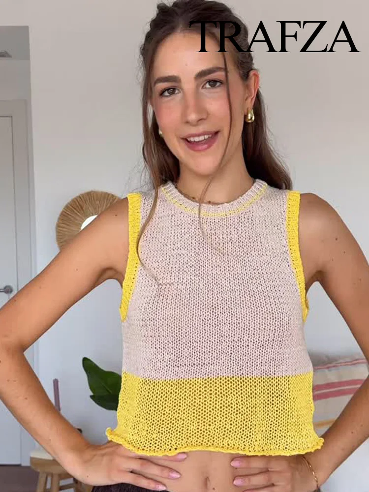 

TRAFZA Women Summer New Fashion Simple Round Neck Contrast Knitted Short Vest Top Female Elegant Pullover Sleeveless Casual Top