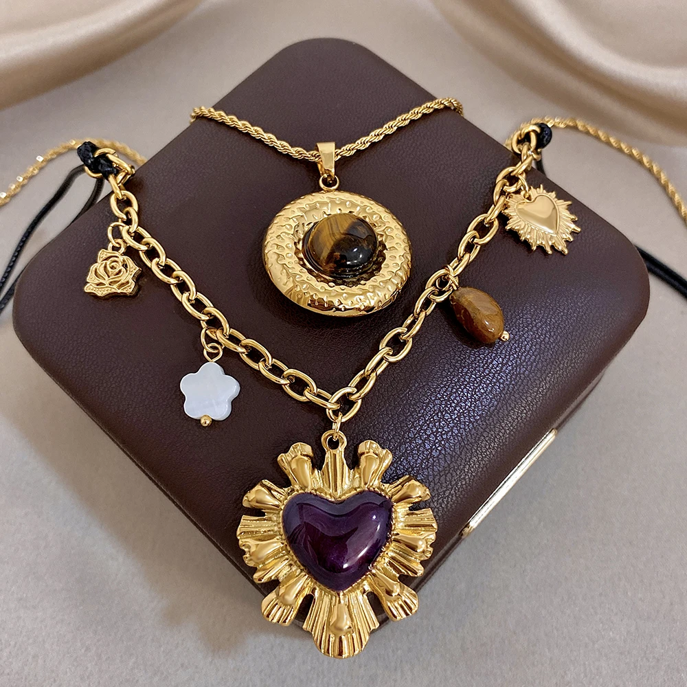 AENSOA Retro Heart-shaped Multi-pendant Leather Rope Necklace Stainless Steel Brown Stone Texture Design Women's Jewelry Gifts