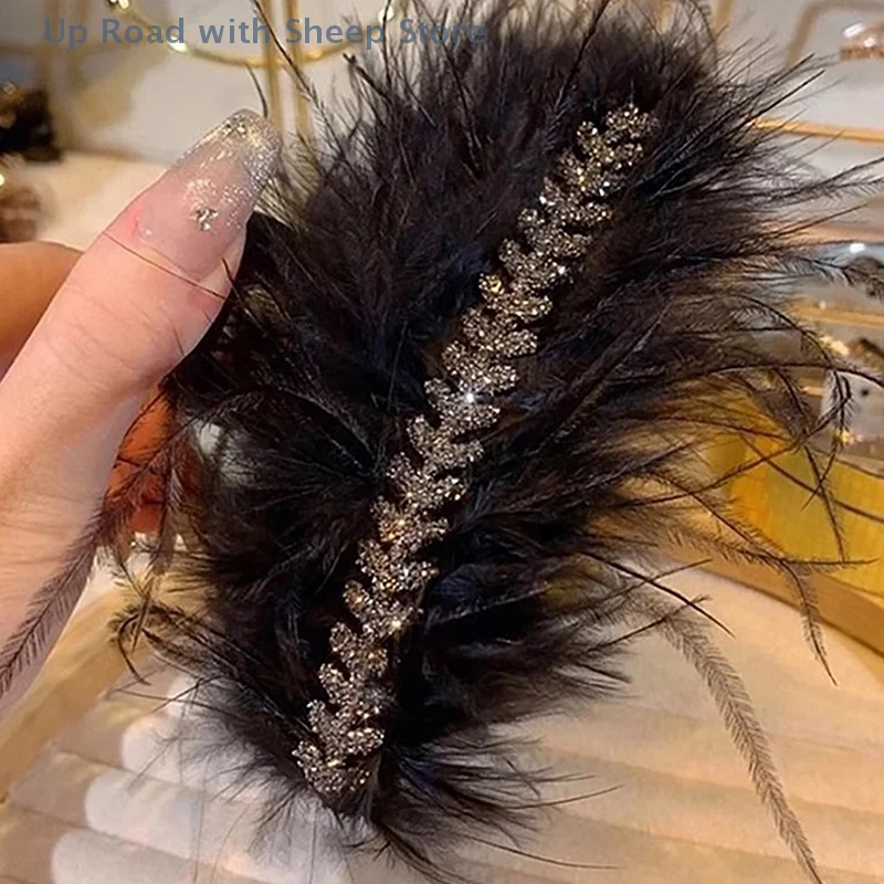 Ali/pinça de garra de cabelo de penas, rabo de cavalo de pelúcia, presilha de caranguejo para mulheres e meninas, acessórios de cabelo de luxo