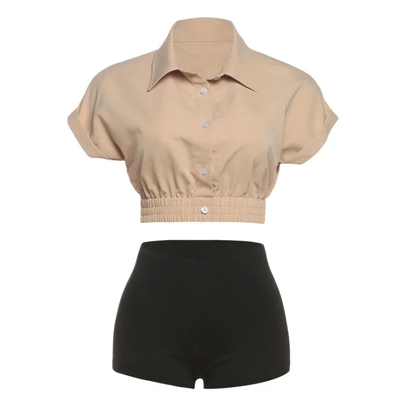 Women's 2 Piece Summer Set Short Sleeve Button Crop Top And Tight High Waist Shorts Casual Sporty Tracksuit Streetwear Outfit