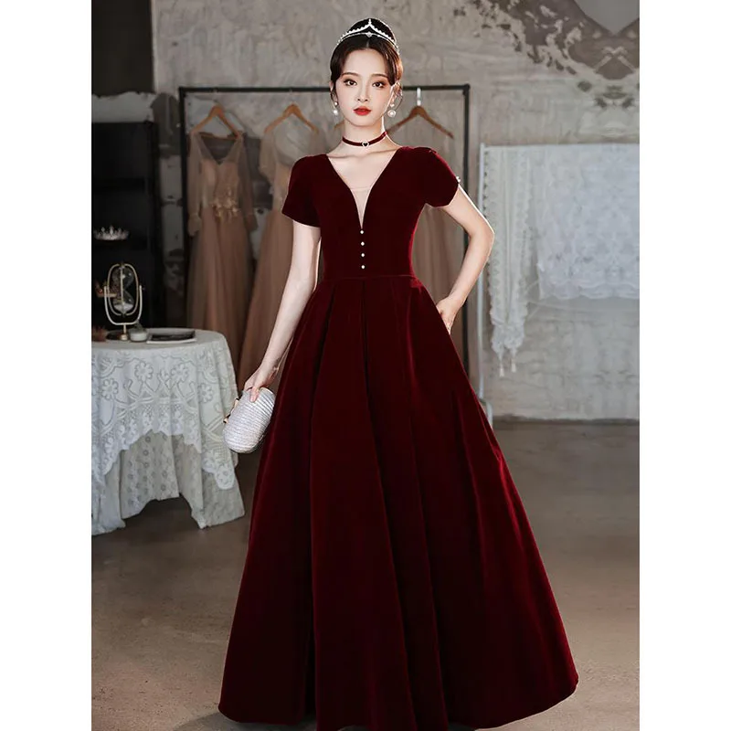 

Burgundy Evening Dress Sexy V-neck Short Sleeve Sweetheart Velour Pearls A-line Floor-length Party Prom Gowns Vestido De Festa