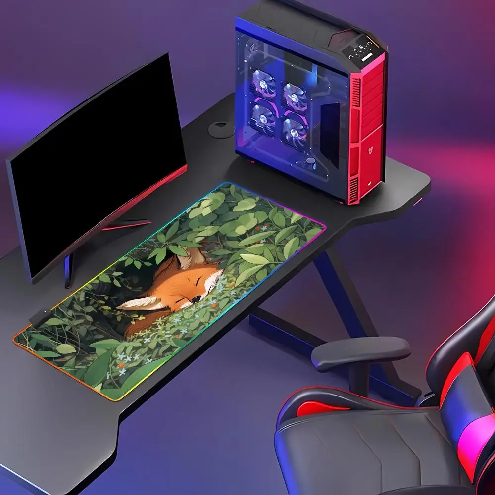 HYBXAXC Mousepad Anime Fox Kawaii Mouse Pad Pc Gaming Beautiful RGB Gamer Large LED Accessiores Non-slip With Lockedge Deskmat