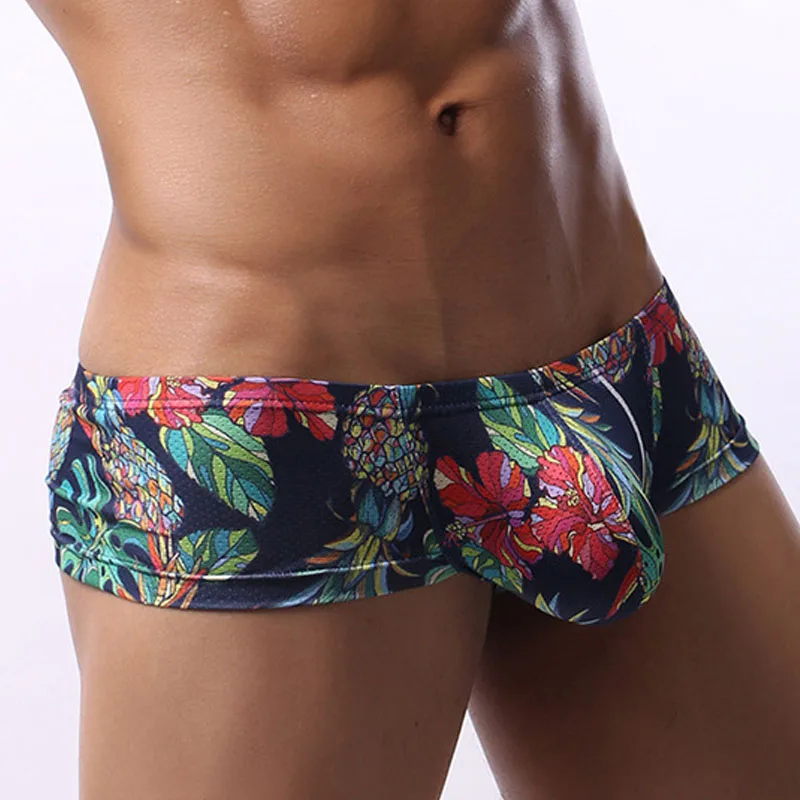 2pcs Low Waist Men\'s Underwear Printed U-Shaped Convex Mesh Soft Breathable Moisture Wicking Small Flat Corner Half Wrap Hip Eas