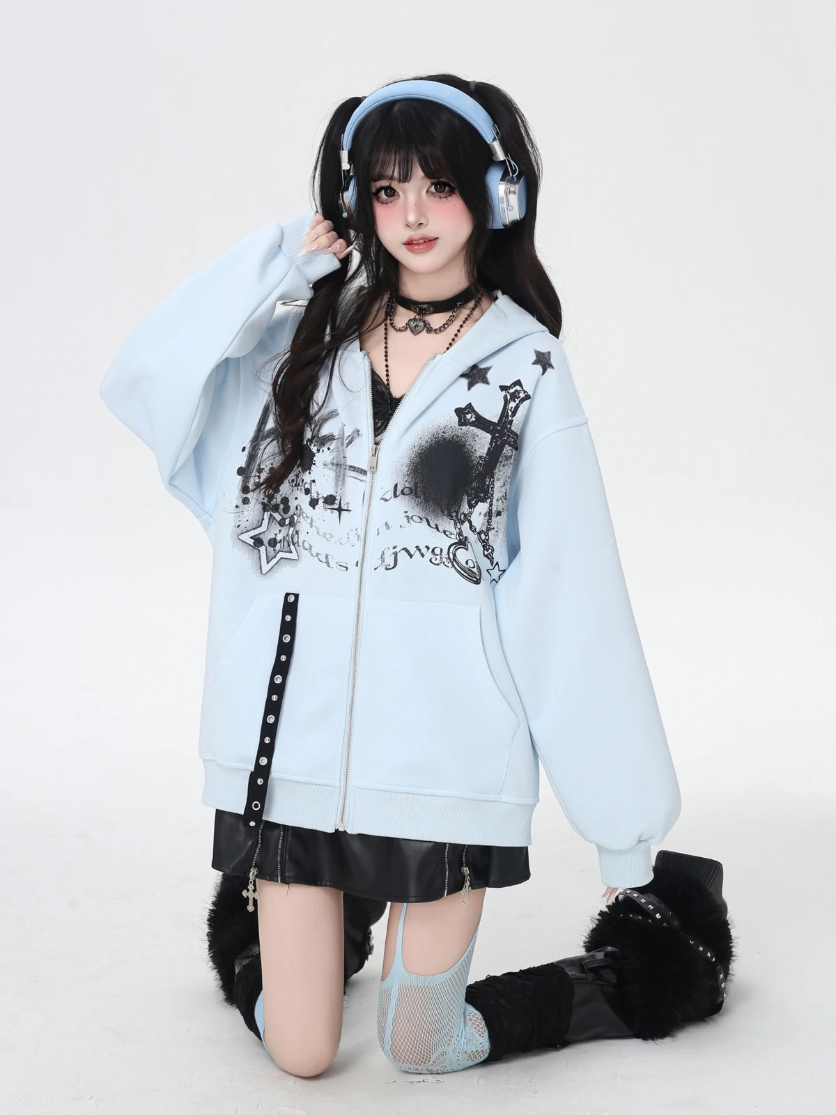 Fashion Highstreet Sweet Cool Subculture Girl Jacket Zipper Long Sleeve Printed Hoodies Loose Casual Versatile Sweatshirts Women