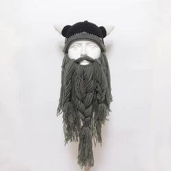 New Wig Beard Hats Viking Beard Beanie Horn Hat Winter Warm Mask Original Handmade Knit Helmet and Removable Beard Halloween Cap