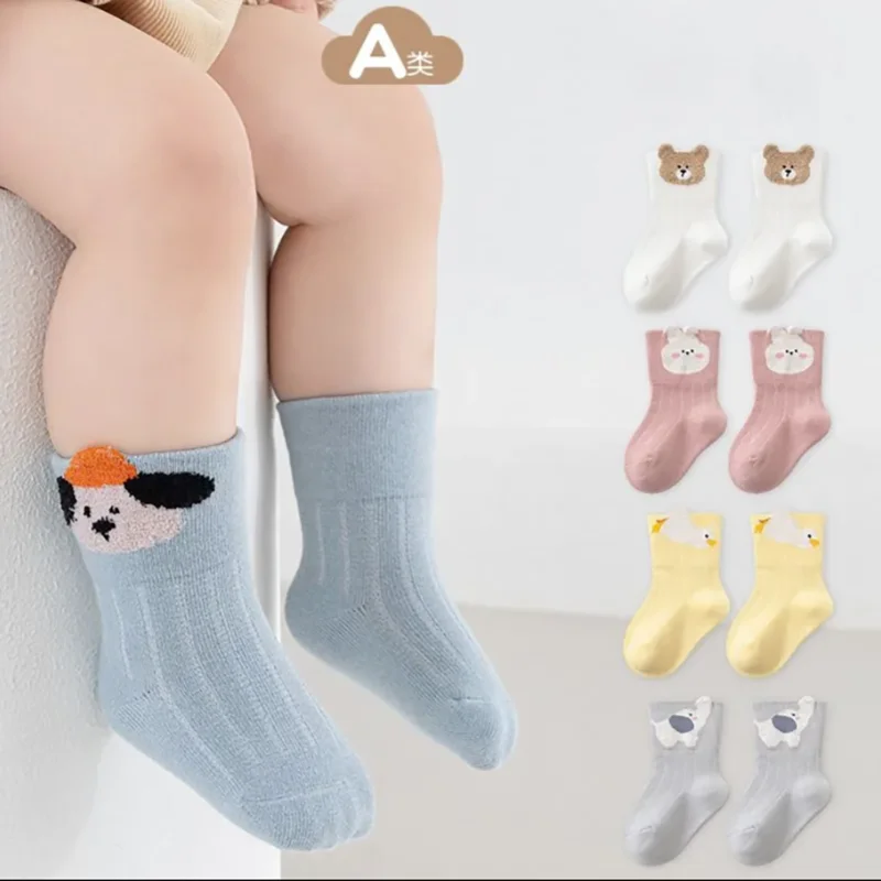 5 Pairs Baby Socks Autumn Spring Pure Cotton Breathable Mid-Tube Cartoon Animal Newborn Boy Girl Socks