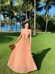 Beach Holiday Pink Backless Neck-mounted Long Dresses Summer French Hepburn Pressure Pleated Big Swing Casual Female Clothing