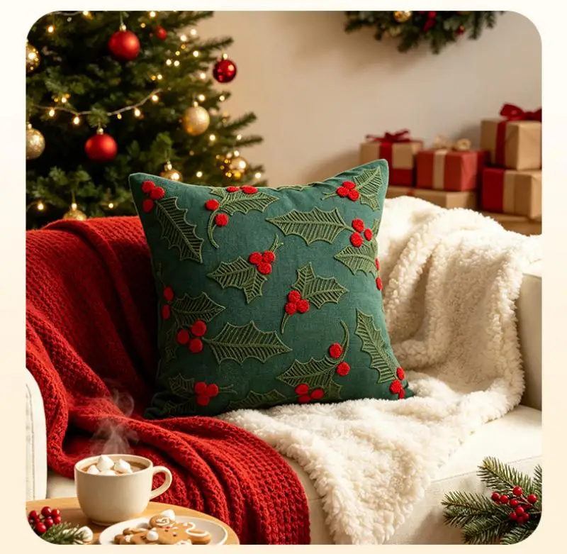 Weihnachtsbaum Bestickter Kissenbezug Cojines Grüner Plüsch Festliche Dekoration Sofa Kissenbezug Deko Heim – Detail 4