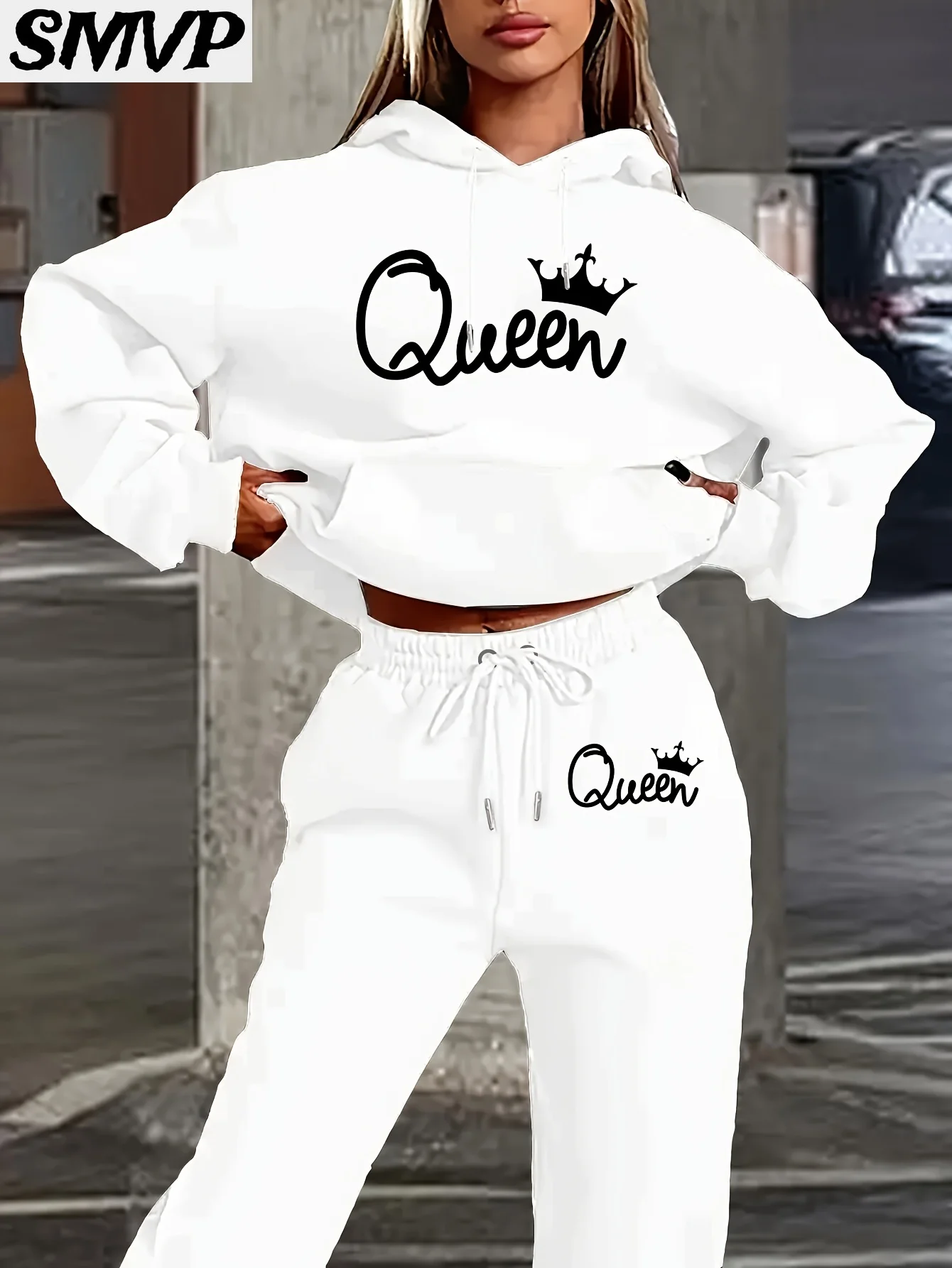 

SMVP Women Girls Cotton Hoodie Set White Queen Crown Print Two Piece Outfit Casual Loungewear Mother Daughter