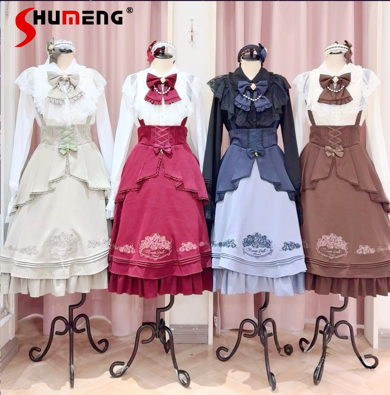 

Japanese Style Sweet Retro Rose Lace Embroidery Long Sleeve Shirt High Waist Bow Slim A-line Long Skirt Two-piece Set for Women
