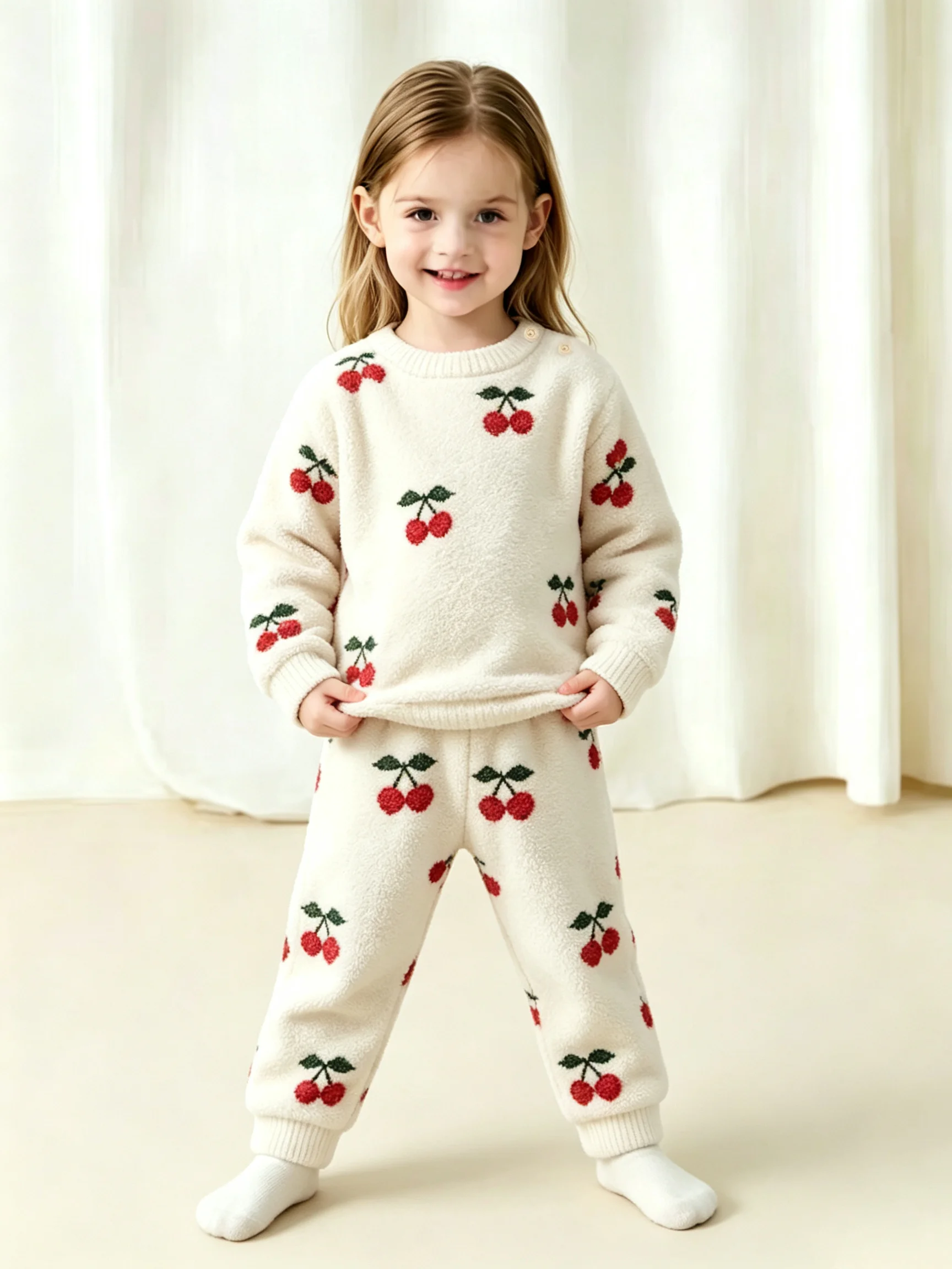 Toddler Girl Homewear Set 0‑3Y Old Cherry Jacquard Fleece 2Pcs Suit Soft Pullover Tops+Pants For Baby Girls Autumn Loungewear