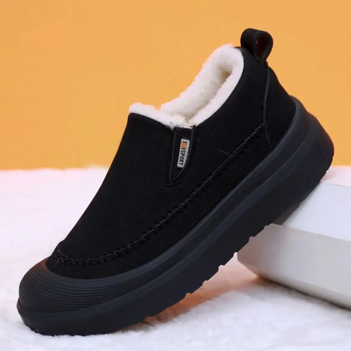 Men Winter New Low Top Slip On Snow Boots Thick Sole Non Slip Round Toe Thicken Plush Keep Warm Lightweight Elderly Cotton Shoes