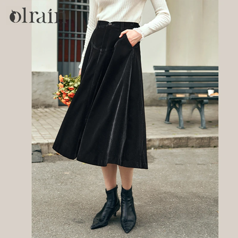 OLrain Women's Velvet Skirt Autumn 2026 Solid High-waist A-line Skirts Pocket Fashion Elegant Commute Female Clothing O23DB88122
