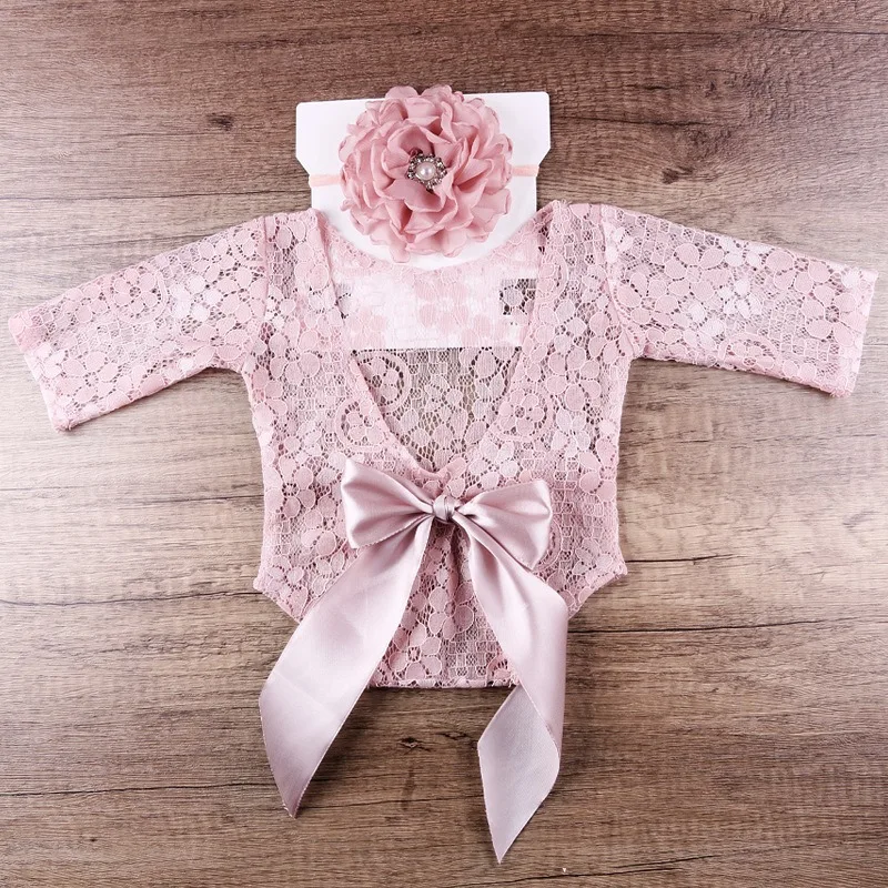 Newborn Photography Clothing Lace Photography Outfit Flower Headband Backless Triangle Shirt Two Piece Photography Costume Lace