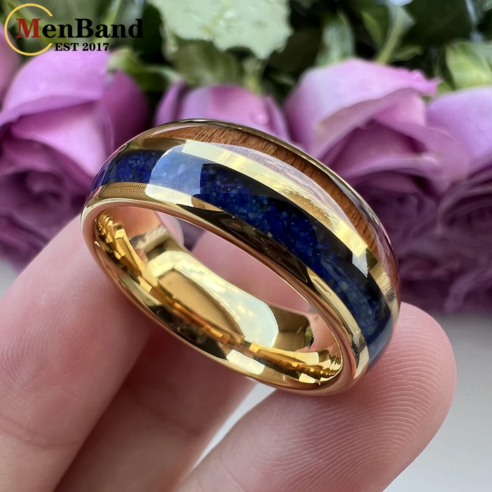 8mm Tungsten Carbide Ring for Men Women Engagement Wedding Band Blue-Lapis Koa Wood Inlay Dropshipping Dome Comfort Fit