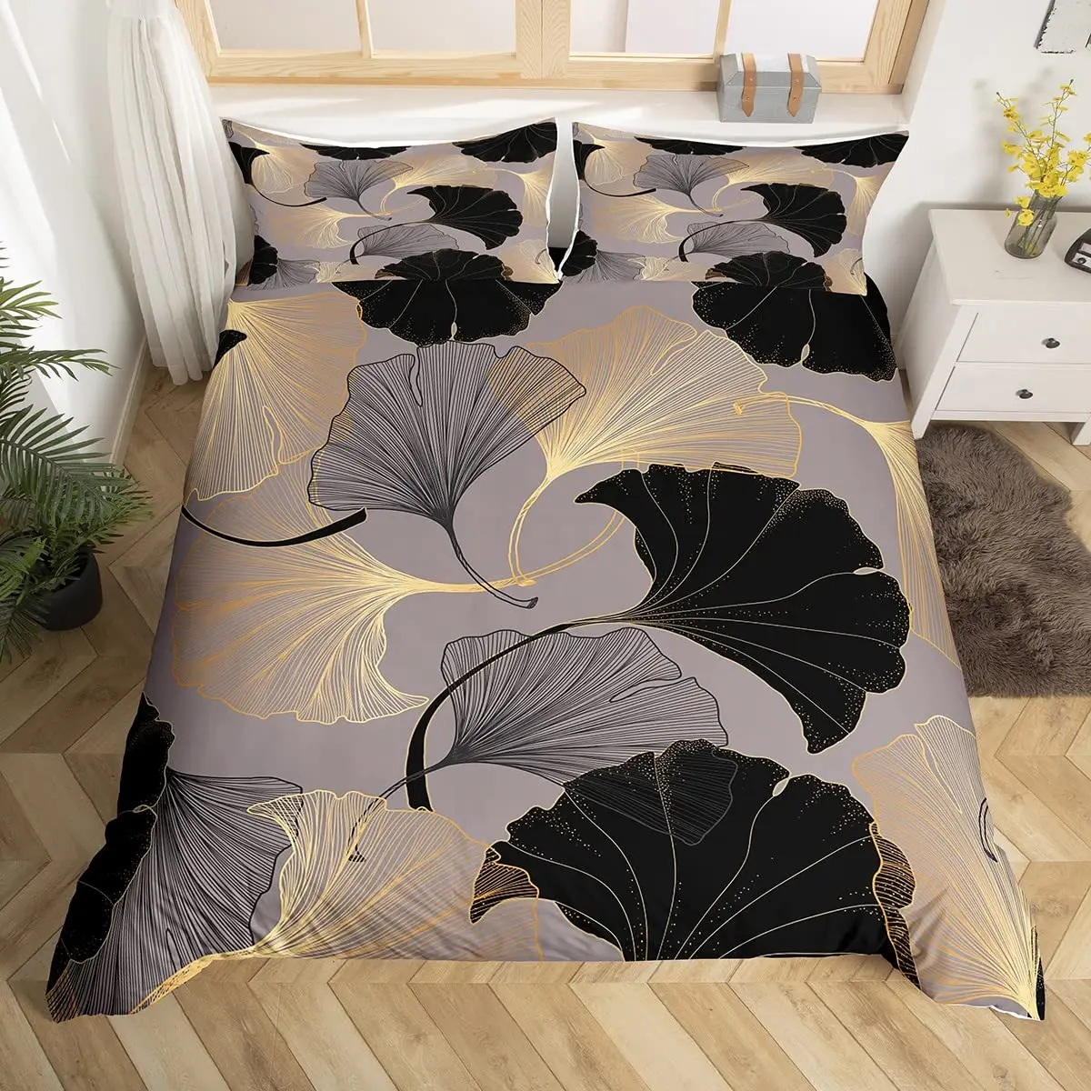 Ginkgo Leaves King Queen Duvet Cover Black Golden Ginkgo Biloba Leaf Bedding Set Botanical Quilt Cover Polyester Comforter Cover