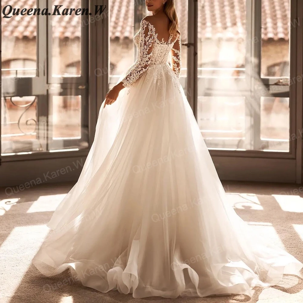 Elegant princess Wedding Dress long sleeve V neck lace applique bride dress robe de mariee A line Wedding Bridal Gown