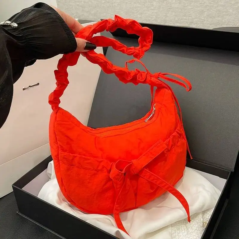 Y2k エステティック オールマッチ シンプル ショルダーバッグ レディース プリーツリボン カジュアル ソリッド ストリートウェア ヴィンテージ アンダーアームバッグ トレンディ