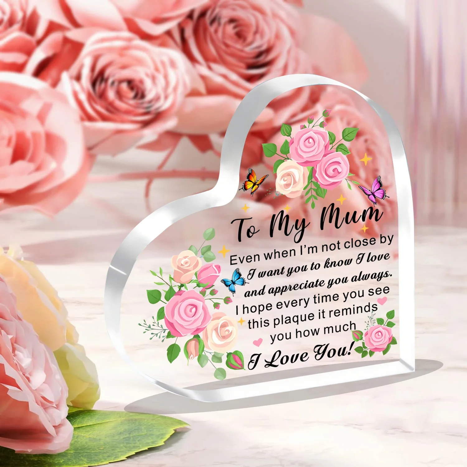 Pink Rose Butterfly Heart Acrylic Plaque To My Mum Loving Words Desktop Mother Gift