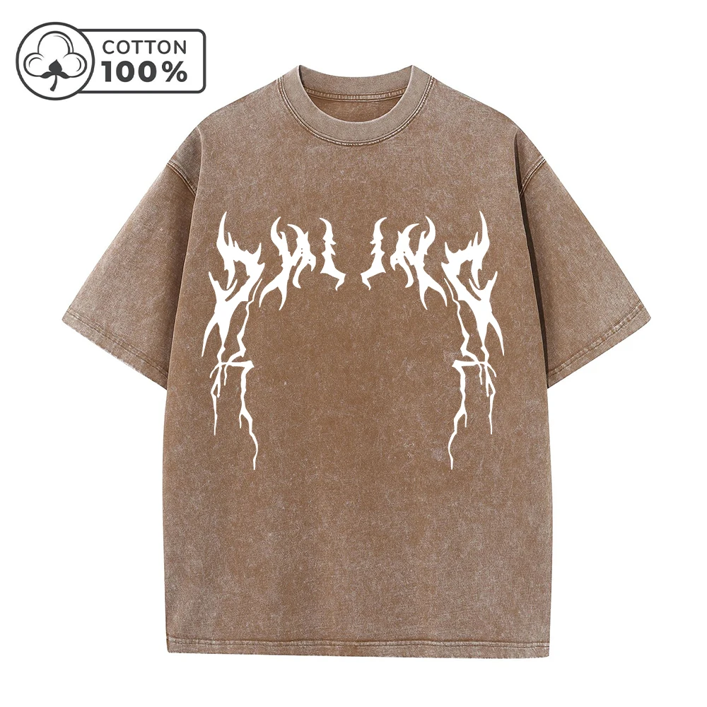 Men's Creative Thorn Print Washed T-Shirt Summer Distressed Loose Fitting Casual Fashion Short Sleeve Gym And Commuter Top