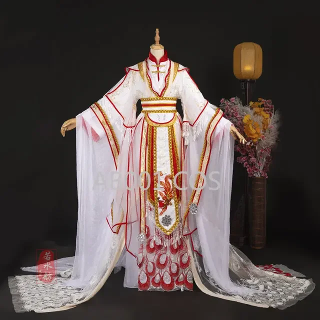 Tian Guan Ci Fu Xie Lian Tai Zi Yue Shen Platinum Peacock Cosplay Costume Ancient Hanfu Dress Halloween Party Wig Fan Shoes Prop