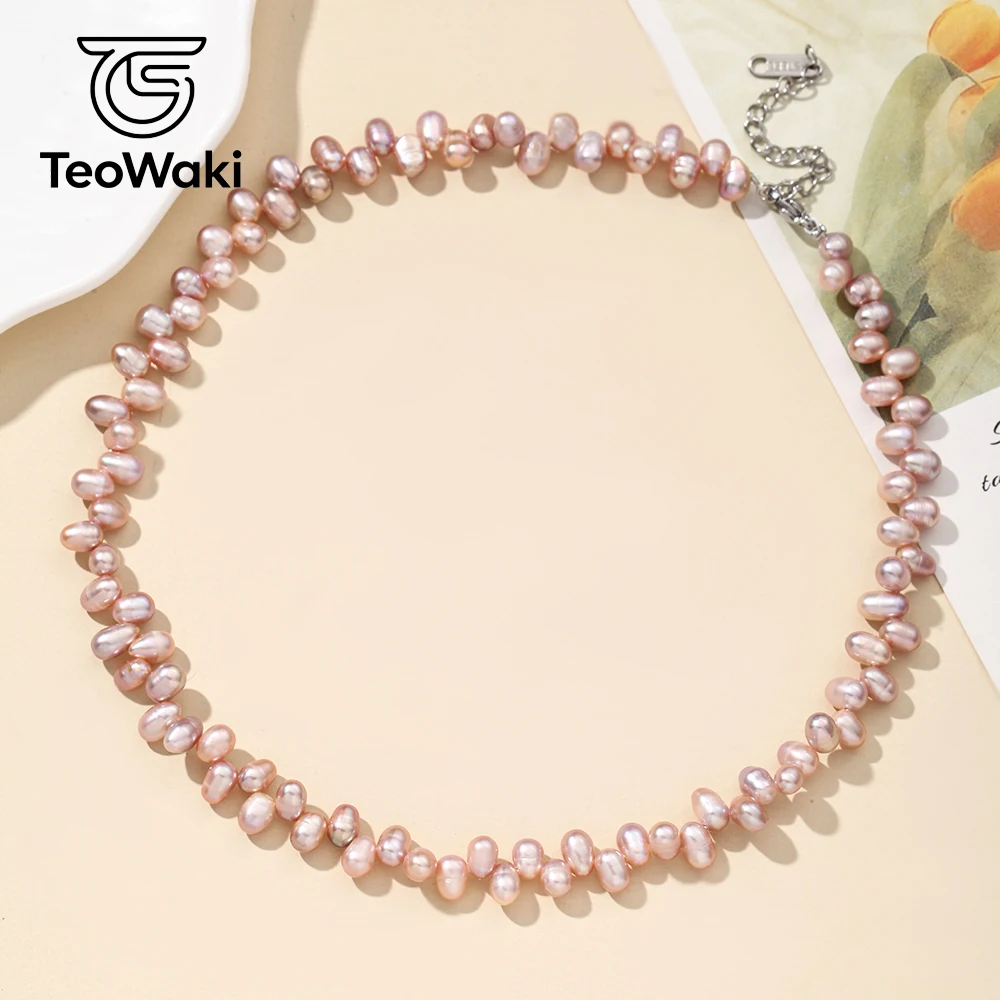 TeoWaki 5-6mm Natural Purple Nearly Round Three-Seven-Hole Pearl Necklace Daily Jewelry Best Birthday Sweet Holiday Gift 36+5cm