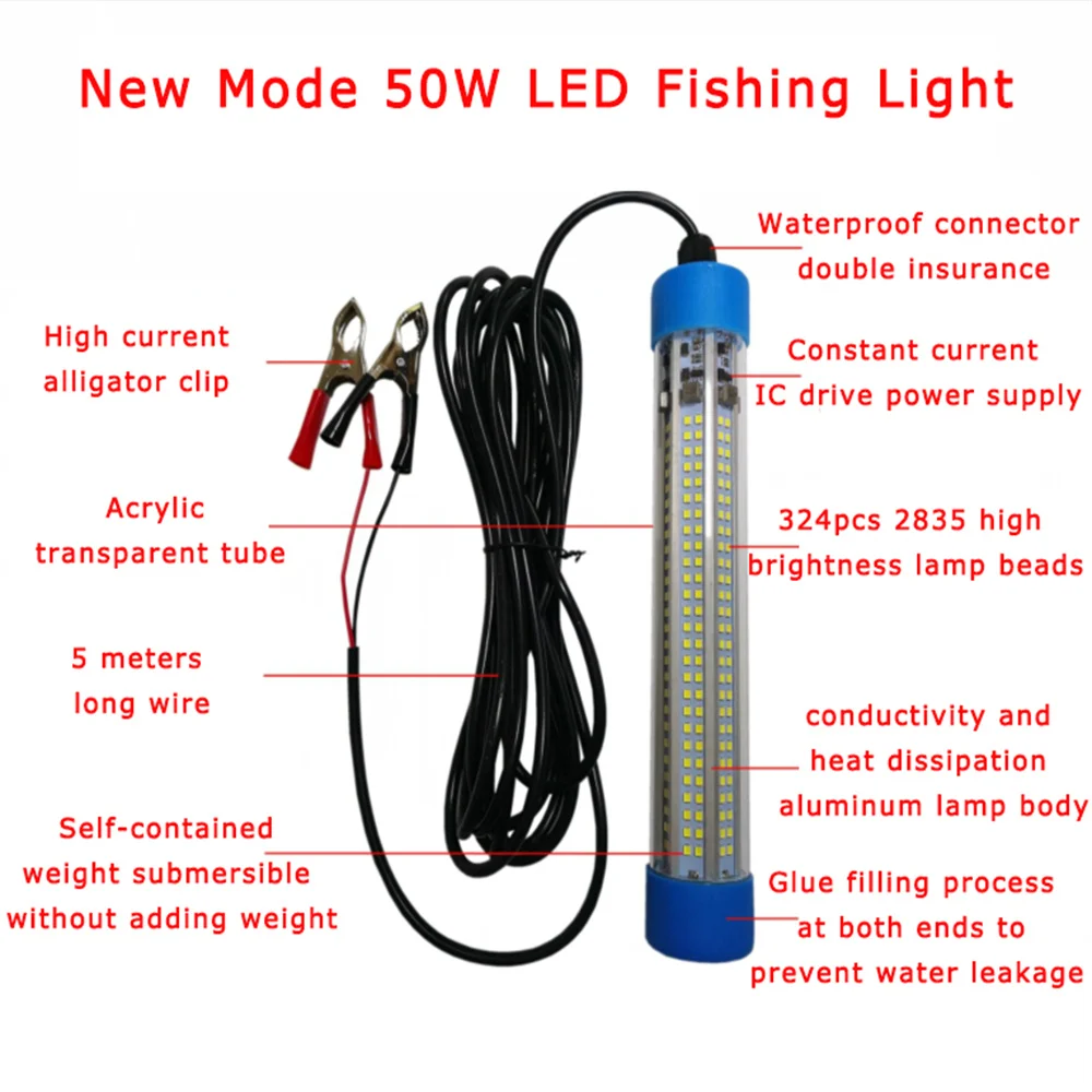 50W DC12-24V Pêche Lumière 324Pcs 2835SMD LED Sous-Marine SubSN Pêche Lumière IP68 Leurres Finder Lampe Attire Krill Lumière