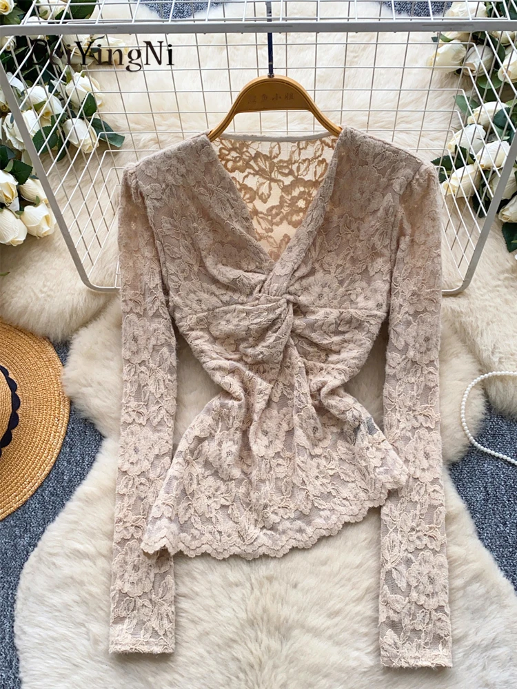 

Beiyingni 2025 Kpop T-shirts Women Lace Ruched Casual Slim Basic Long Sleeve Tops French Elegant Black Woman's V-neck Teeshirts