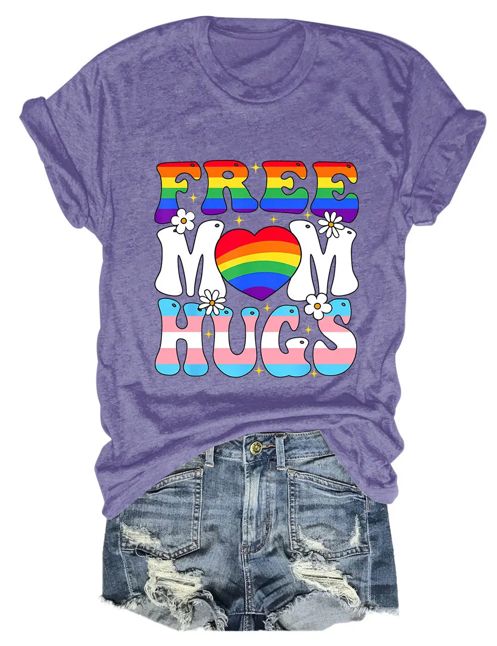 Summer new short-sleeved casual T-shirt free mom hugs print loose crew neck fashion top jumper