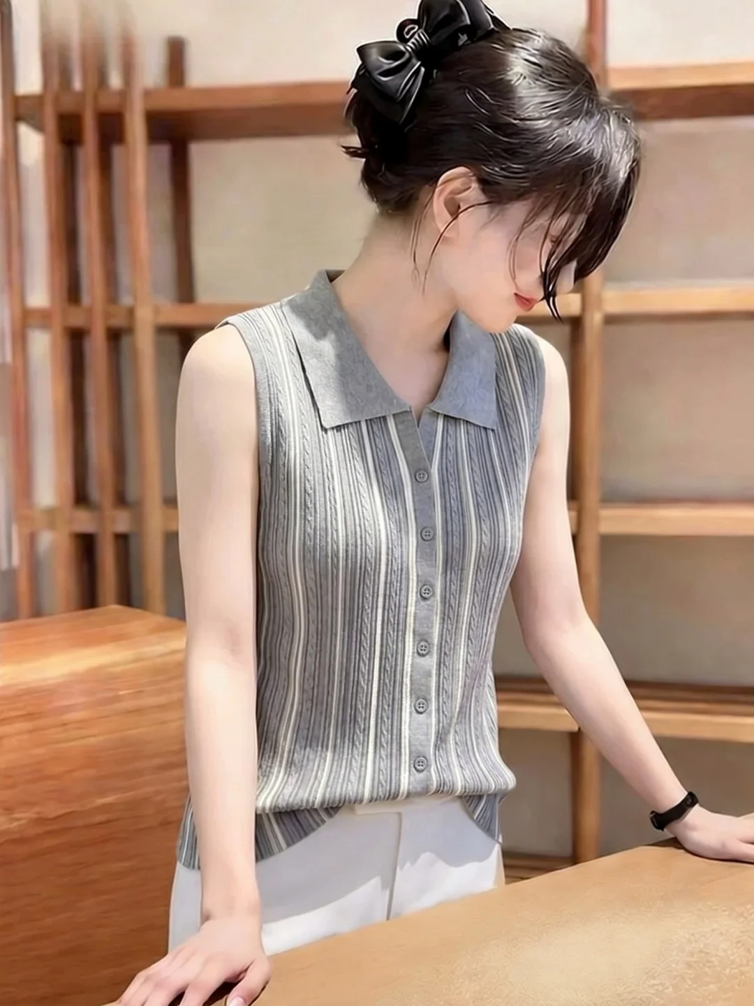 

Trendy Ice Silk Knitted Vest 2026 Summer Sleeveless Commute Women's Top Striped Design Korean Style Straight Cut Button Detail