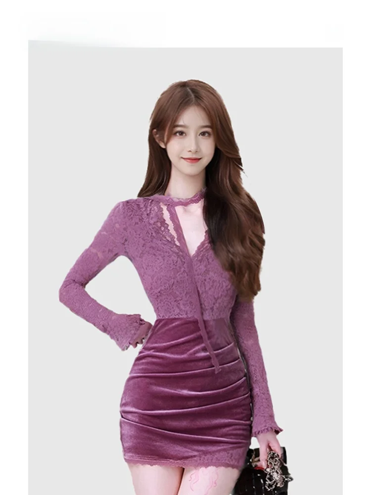 HEZA Fluwelen Kant Wrap Taille V-Ne Dr vrouwen Herfst Winter Sexy Pittige Gordel Bodycon Rok Koreaanse Sle slim Fit Lange Sve