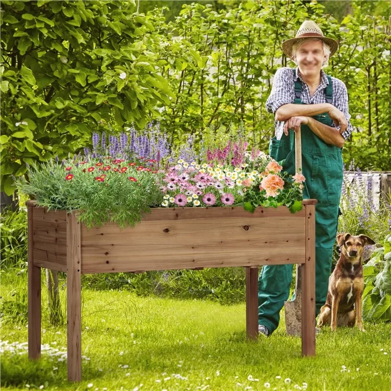 Rectangle Wood Garden Bed Raised Planters,Dark Brown,Fabric Liner & Drainage Holes,Outdoor,Assembly Required