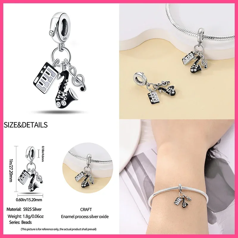 925 Sterling Silver Music Series Guitar Violin Saxophone Earphone Pendant Charms Beads Fit 4MM hole diamete Bracelet DIY Jewelry