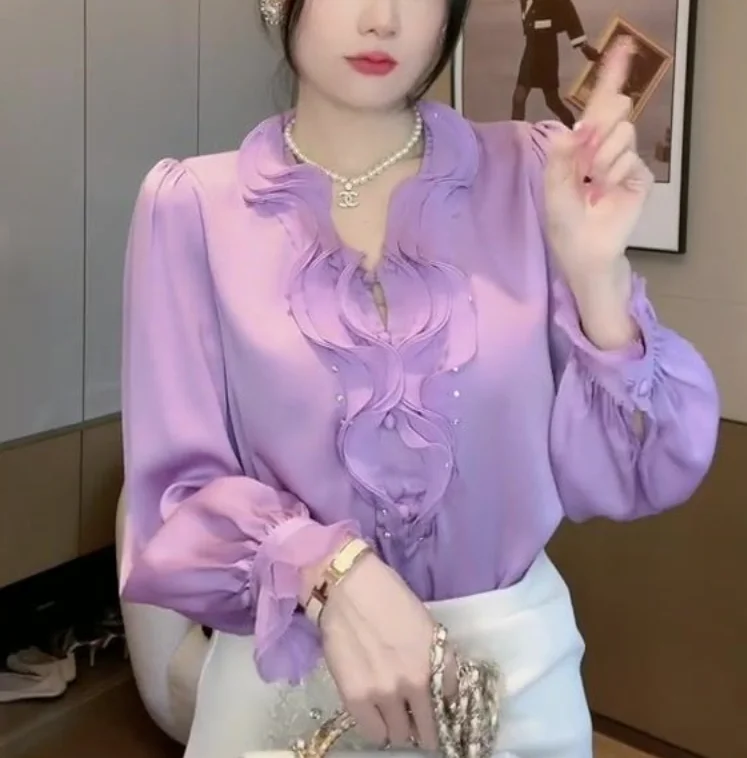 

Solid color V-neck long sleeved shirt, women's new high-end temperament shirt