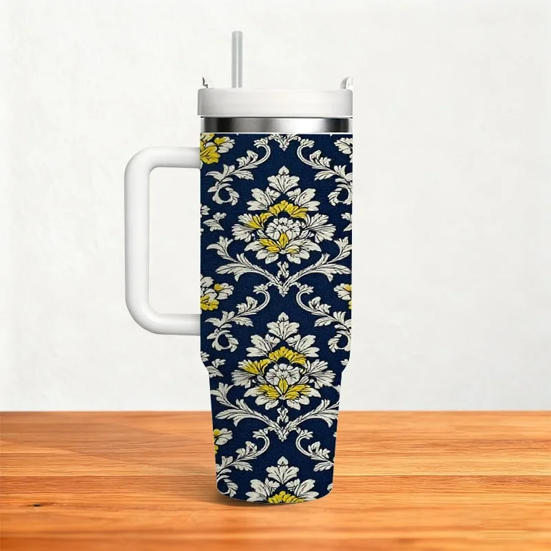 Stainless Steel 40oz Insulated Tumbler, Navy Background Floral Damask Digital Print with Intricate White Vines & Yellow Blooms, Durable Reusable Drink Container for Daily Sipping, Office, Road Trips & Outdoor Use