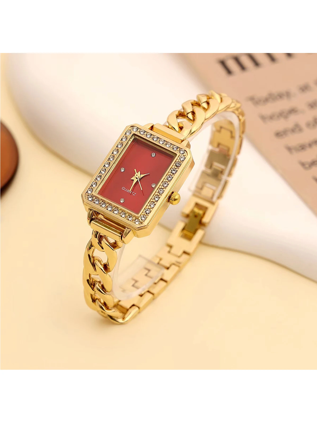 Women Square Drill Point Scale Dial Quartz Steel Strap Watch