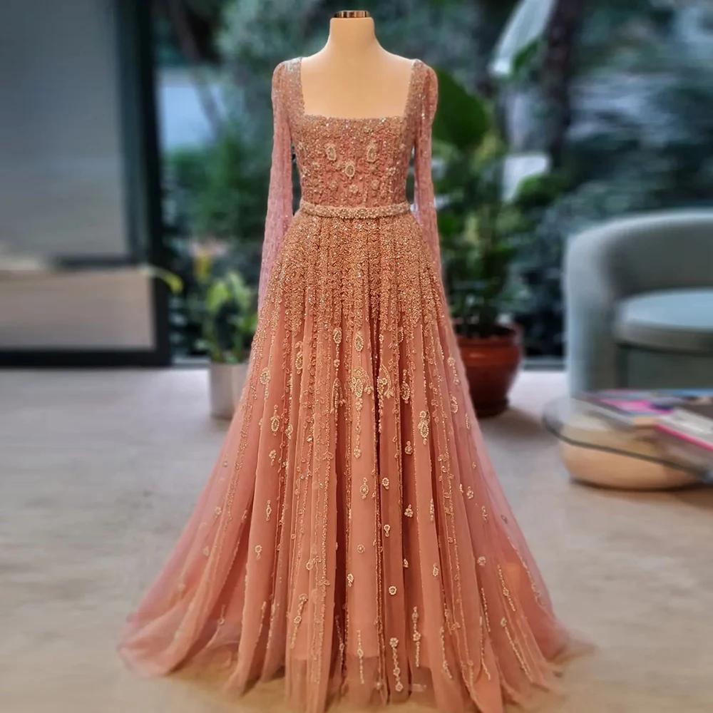 Scz032 Luxury Pink Dubai Evening Dresses for Women Wedding Square Neck Cap Sleeves Arabic Muslim Formal Party Gowns