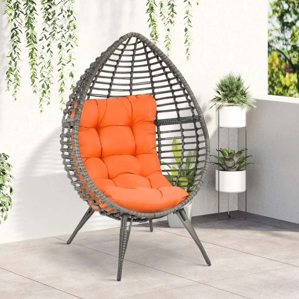 Patio Wicker Egg Chair w/Soft Cushion, Teardrop Cuddle Seat,PE Plastic Rattan Furniture with Adjustable Height Feet Pads, Orange