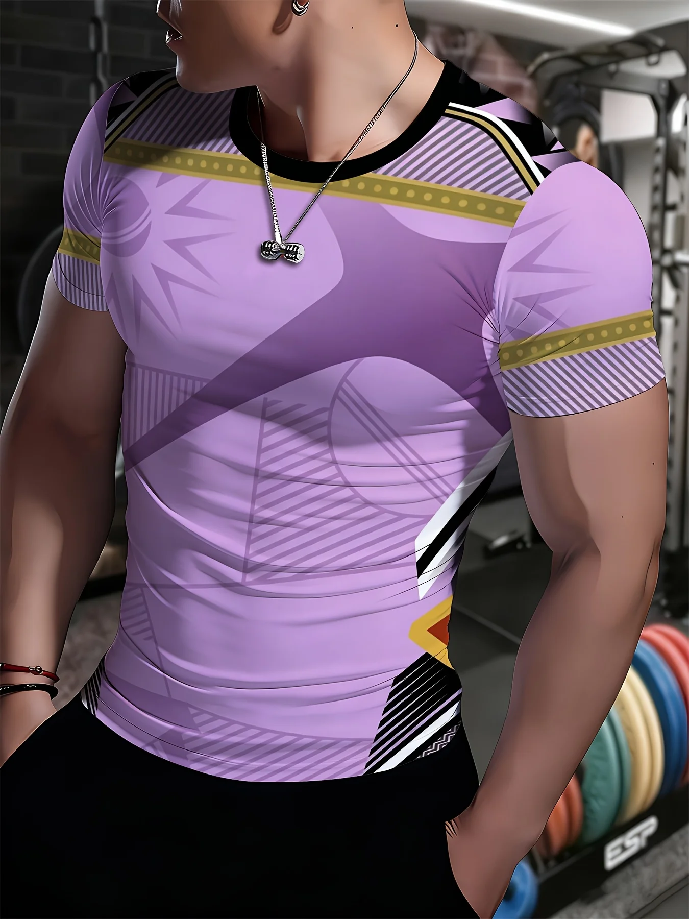 Men Quick Dry Compression Tee Purple Geometric Print Raglan Gym Workout Short Sleeve Top