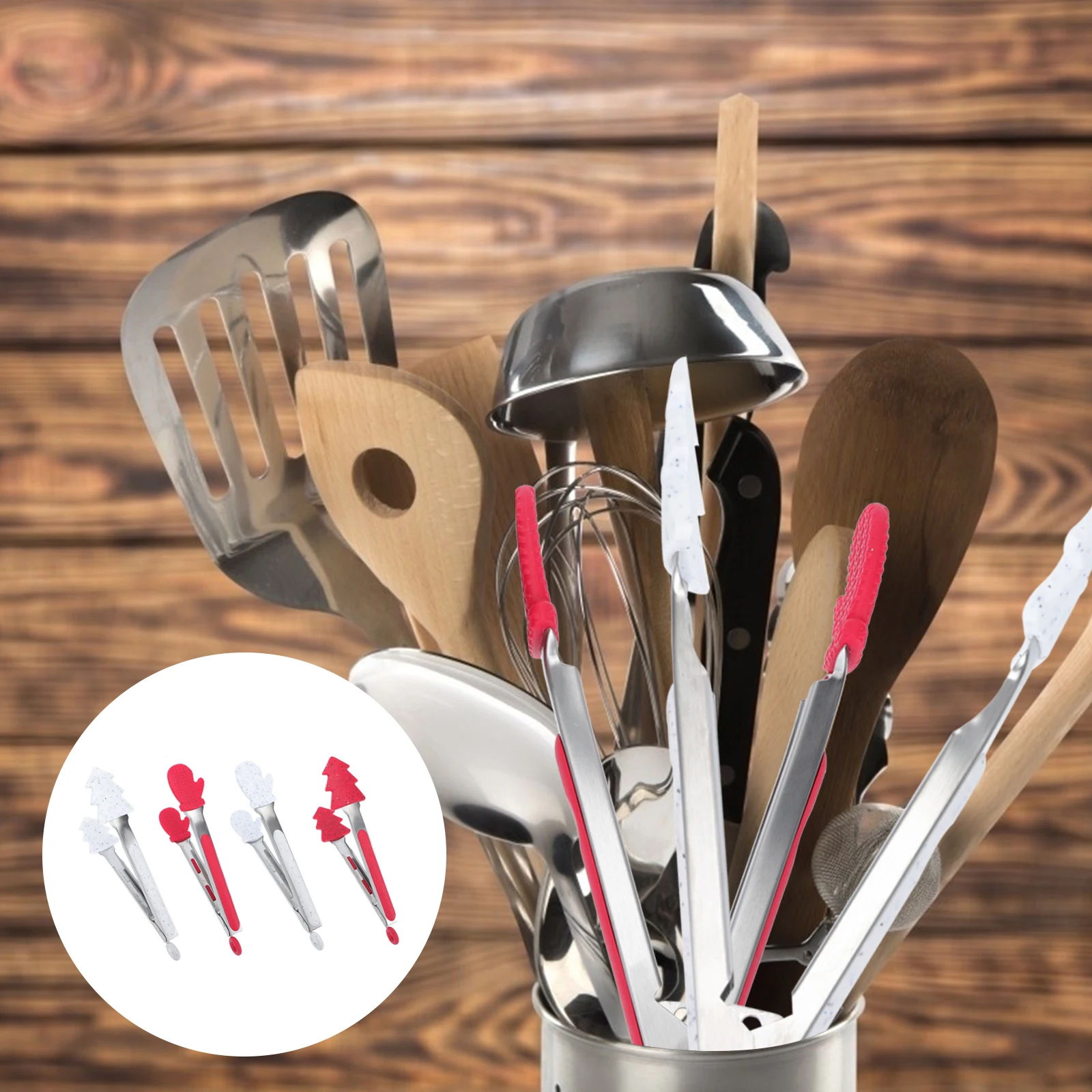 

4pcs Christmas Themed Food Clips Stainless Steel Bbq Tongs Heat Resistant Kitchen Gadgets For Steak Grilled Vegetables