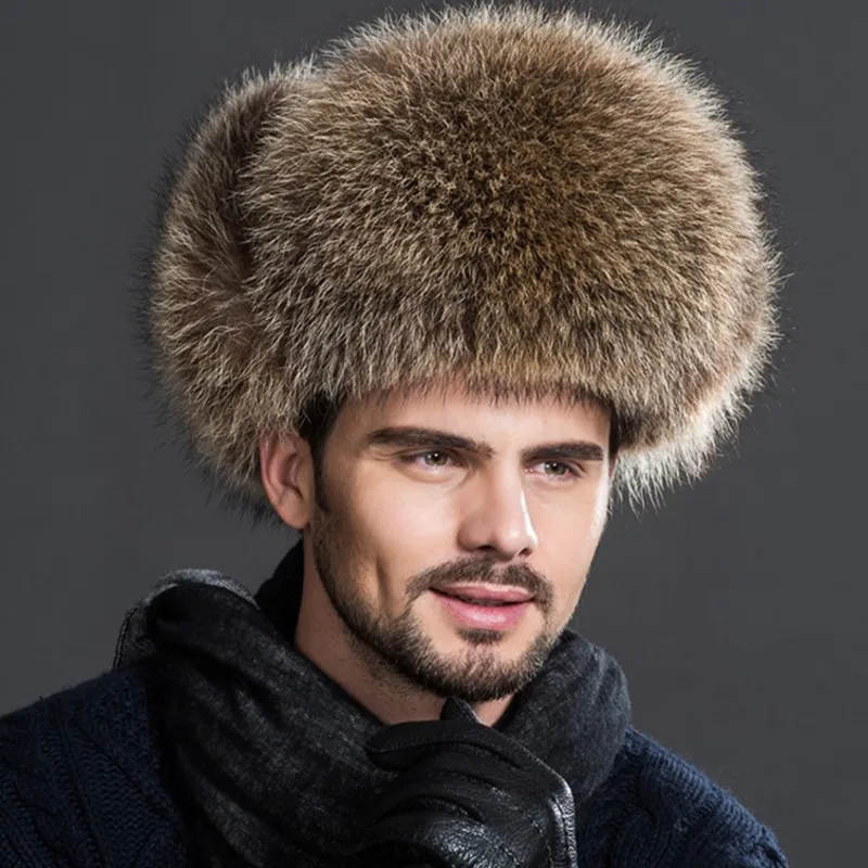 Real Fox Fur Hats Men's Winter Fur Bomber Hat Natural Raccoon Fur Snow Cap Luxury Russian Warm Hat For Men Earflap Ushanka Hat