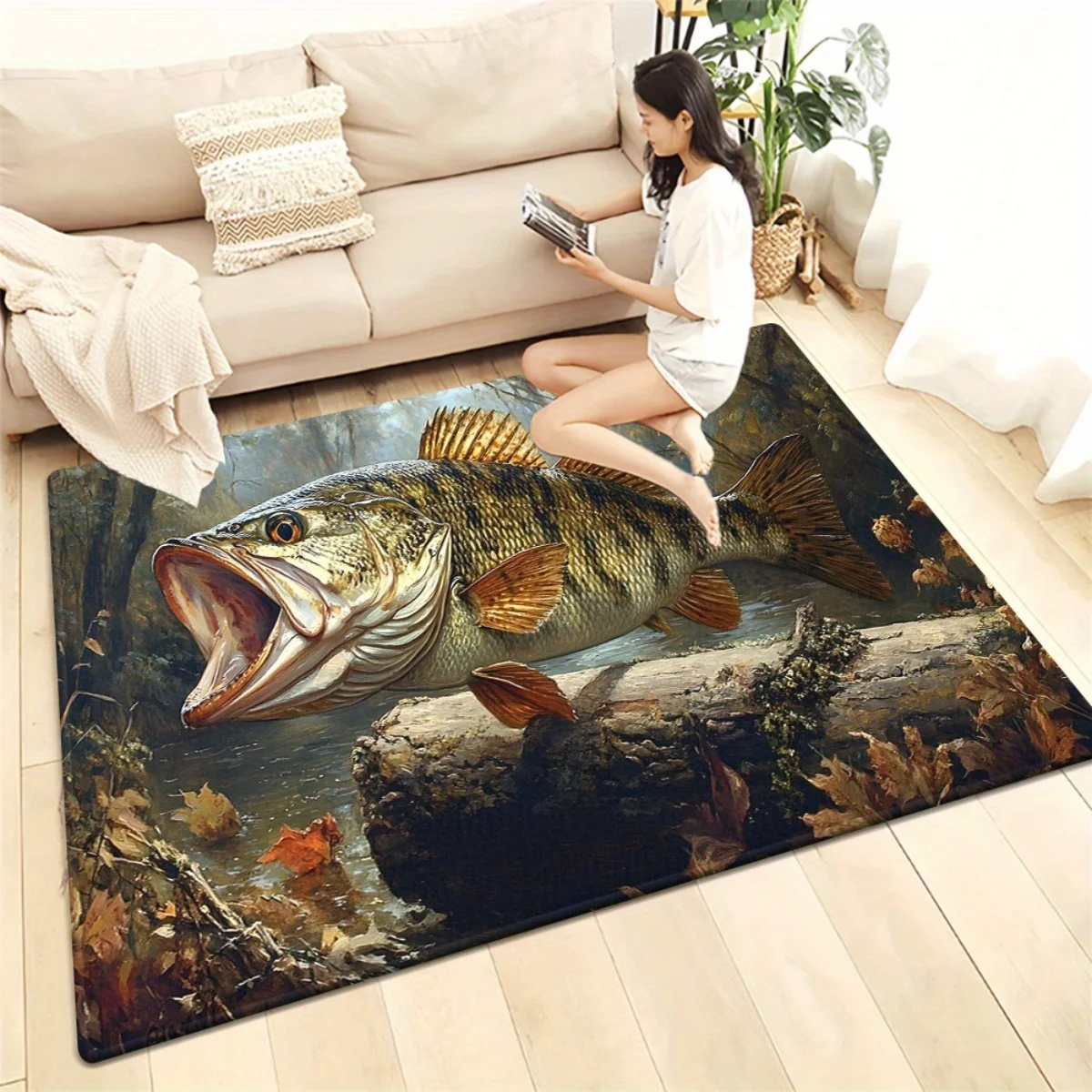 3D Illusion Fish Area Rug - Rectangular Optical Mat for Living Room Bedroom Entryway Kitchen Bathroom Indoor Outdoor Decor