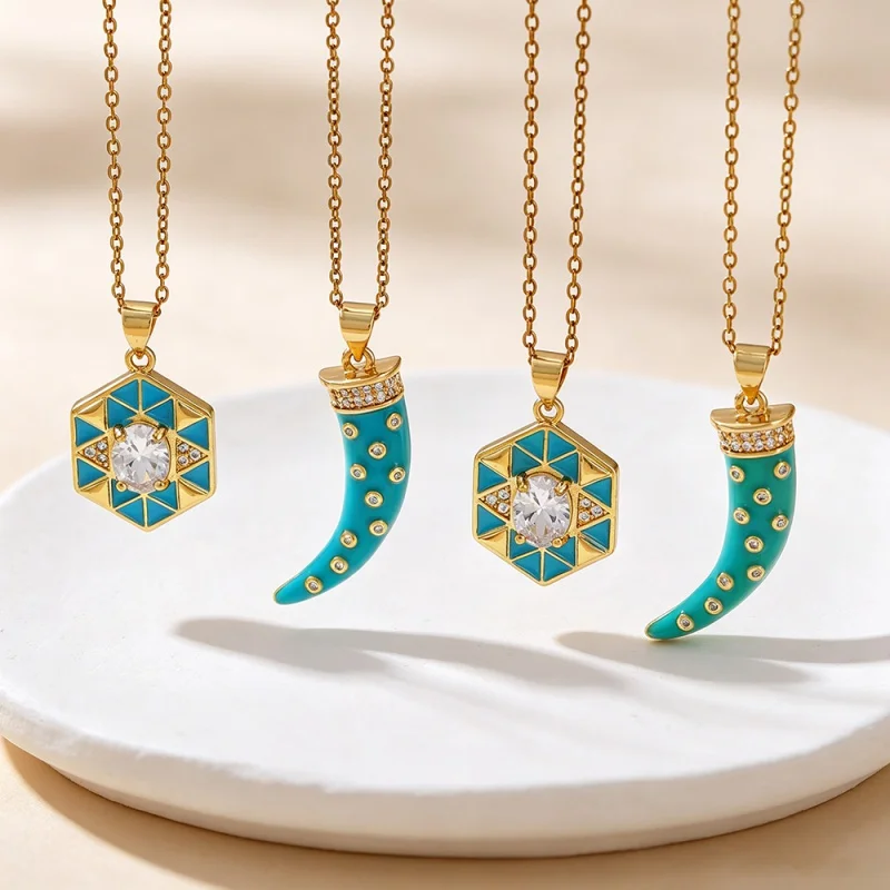 Lake Blue Enamel Hexagonal Bull Horn Diamond Pendant Titanium Steel Necklace