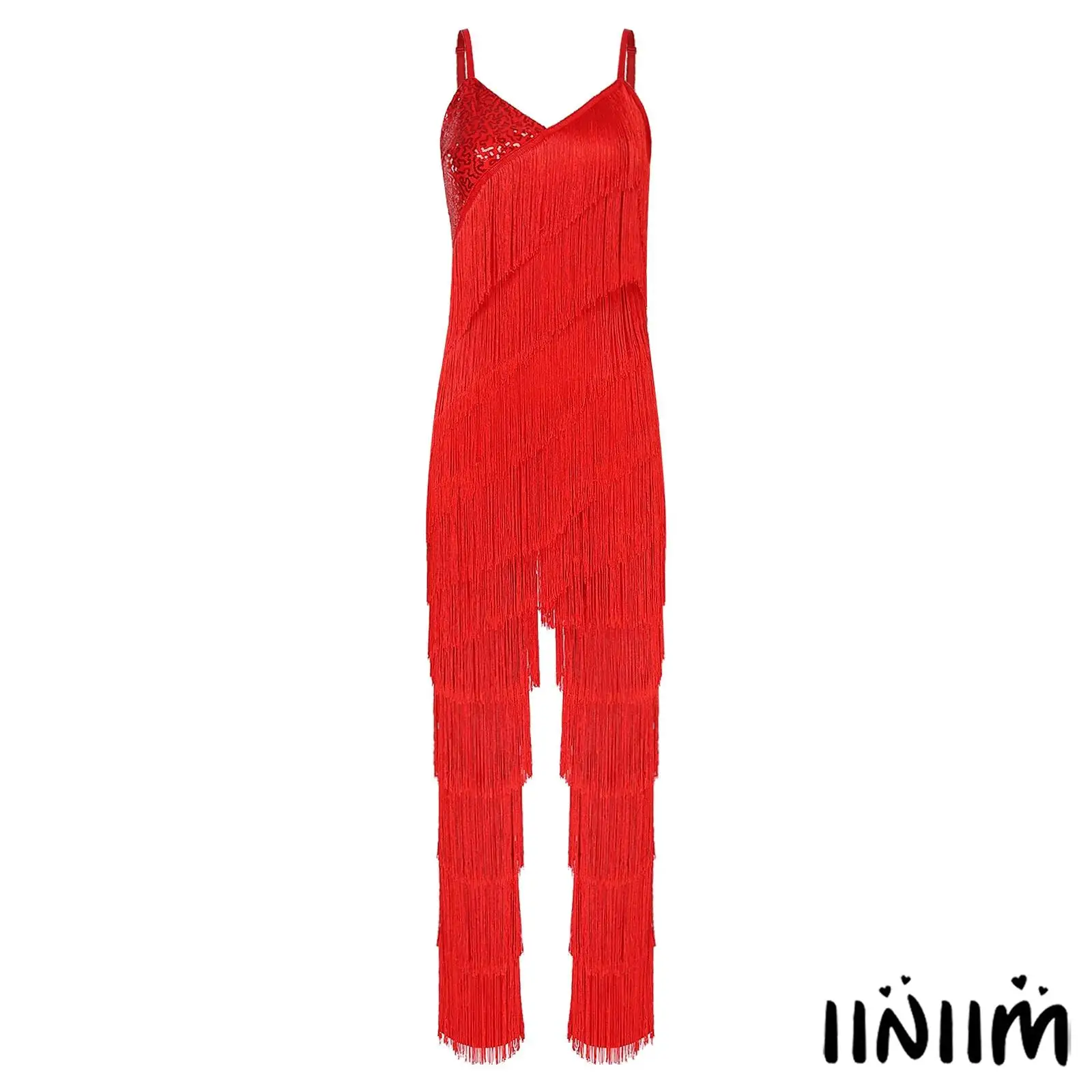 

Womens Professional Ballroom Latin Dance Wear Shiny Sequin Tiered Tassel Cami Latin Jumpsuit Unitard for Cha Cha Performances