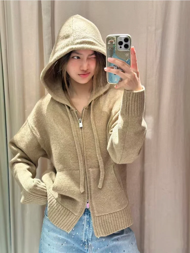 الحلو كسول Sle خمر فضفاض سترة مشغولة من الصوف هوديي المرأة الجديدة الخريف 2025 Faion لينة متوسطة النايلون عادية طويلة Sve