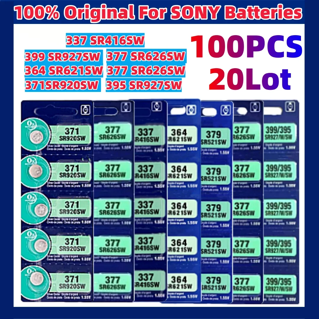 

NEW 100pcs For Sony 337 SR416SW Silver Watch Battery 364 SR621SW 371 SR920SW 377 SR626SW 379 SR521SW 395 399 SR927SW Coin Cell