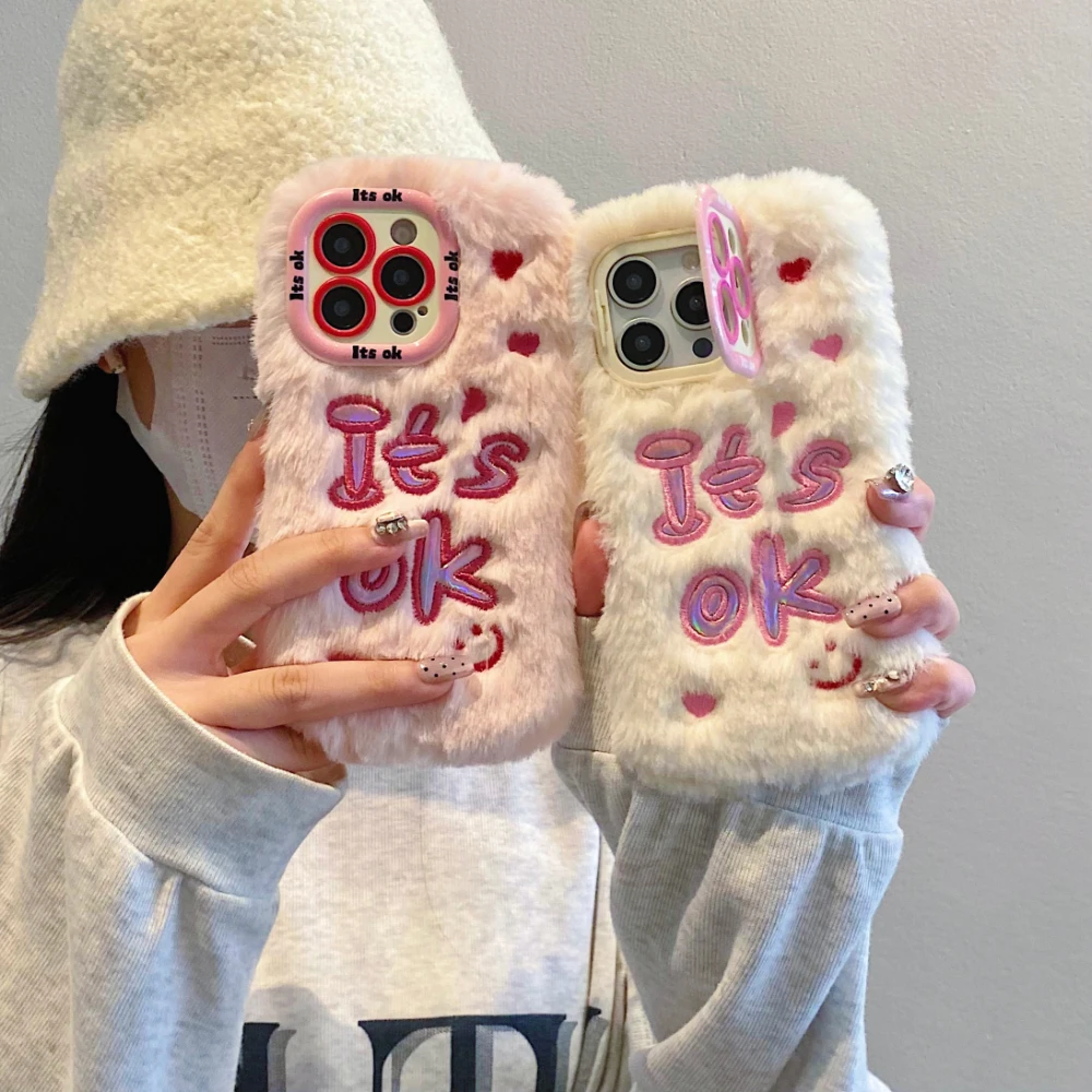 3D Cute embroidery It's OK Hairy Warm Plush Stand Phone Case For iPhone 14 13 12 11 15 Pro Max 16 Plus Holder Bracket Back Cover