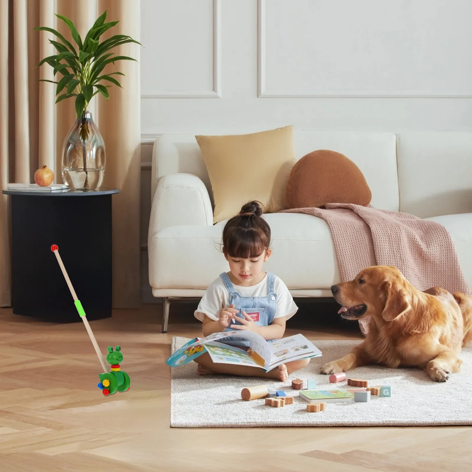 Carrinho de Bebê de Madeira para Primeira Infância, Design de Sapo em Cartoon, Carrinho Educativo para Crianças