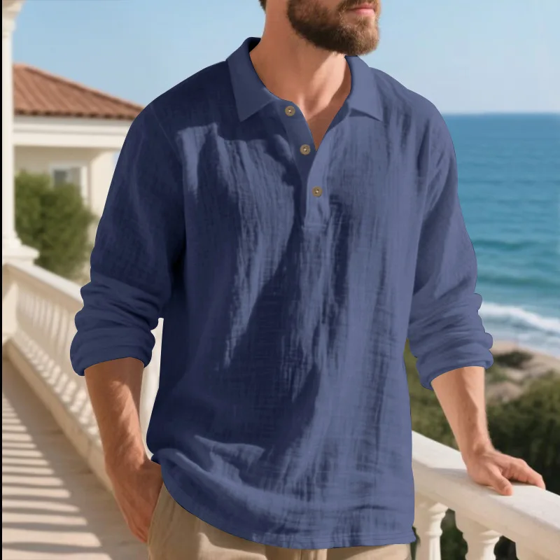 Linen Shirt Stand-Up Collar Button-Down Men's Loose Casual Breathable V-Neck Long-Sleeved Polo Shirt